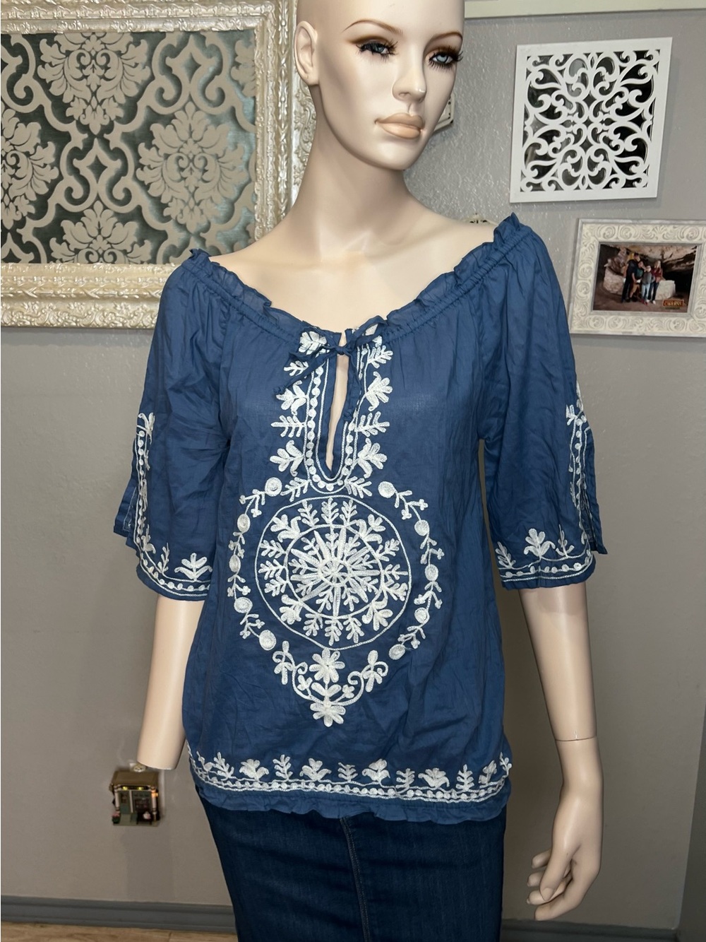 Blue Embroidered Peasant Top with White Floral Medallion